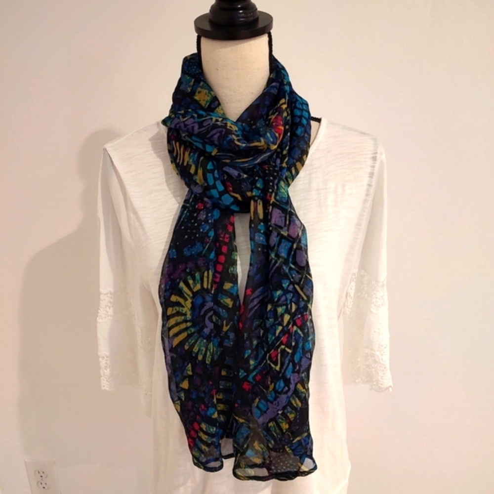 Chico's Blue Yellow Boho Abstract Geometric Scarf Wrap Approximately 78" Long